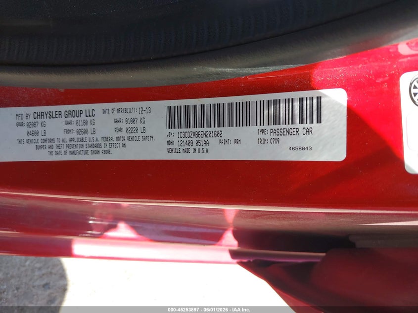 2014 Dodge Avenger Se VIN: 1C3CDZAB6EN201602 Lot: 45253897