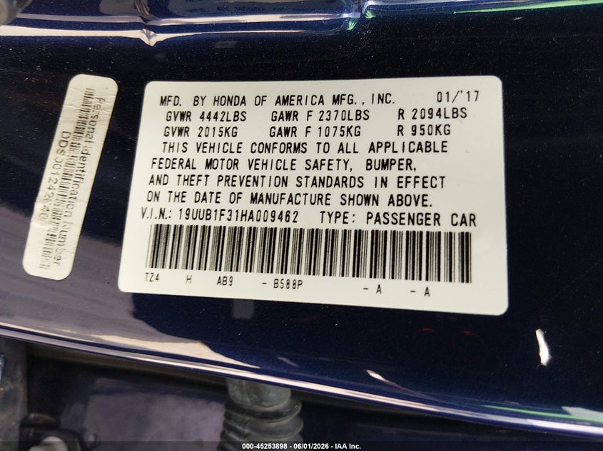 2017 Acura Tlx VIN: 19UUB1F31HA009462 Lot: 45253898