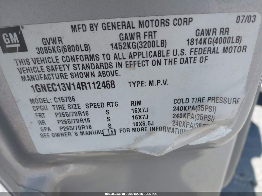 2004 Chevrolet Tahoe Ls VIN: 1GNEC13V14R112468 Lot: 45253918