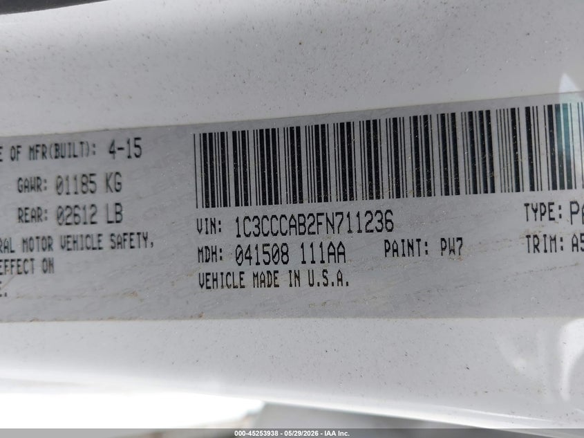 2015 Chrysler 200 Limited VIN: 1C3CCCAB2FN711236 Lot: 45253938