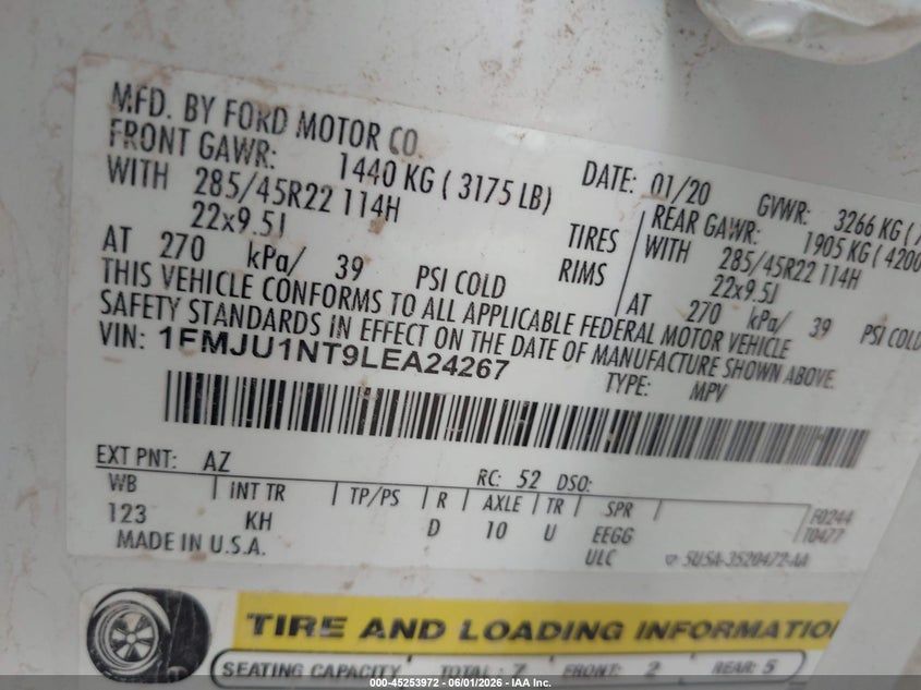 2020 Ford Expedition King Ranch VIN: 1FMJU1NT9LEA24267 Lot: 45253972