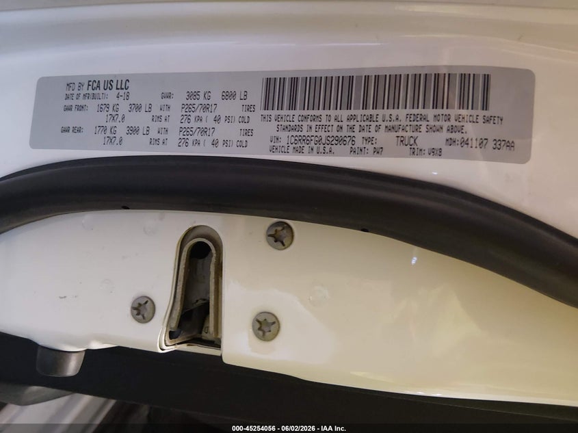 RAM 1500 2018 VIN 1C6RR6FG0JS290676