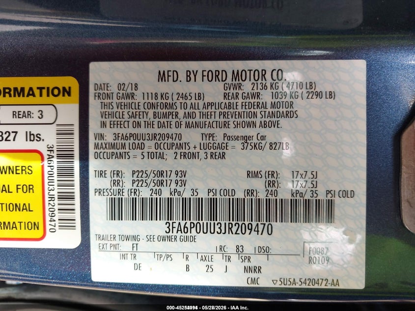 2018 FORD FUSION SEDAN 2.0L I-4 DOHC, VVT, 141HP