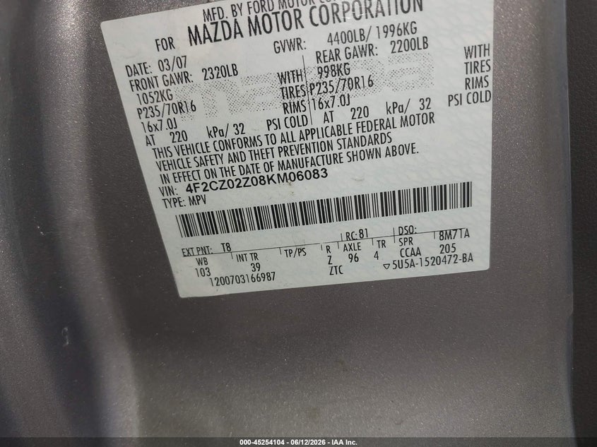 2008 Mazda Tribute I Sport VIN: 4F2CZ02Z08KM06083 Lot: 45254104