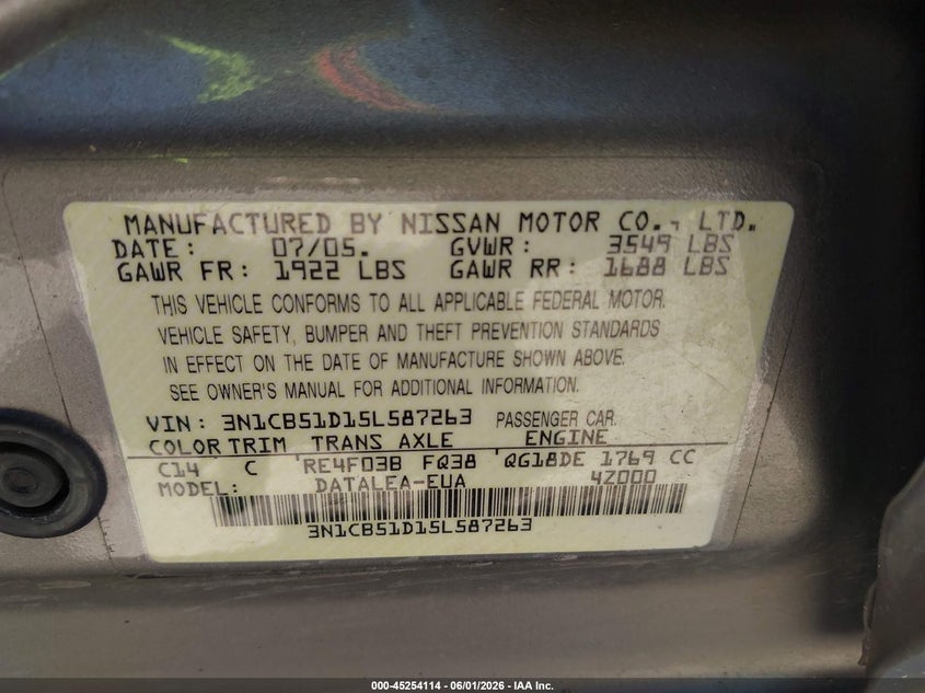 2005 Nissan Sentra 1.8S VIN: 3N1CB51D15L587263 Lot: 45254114