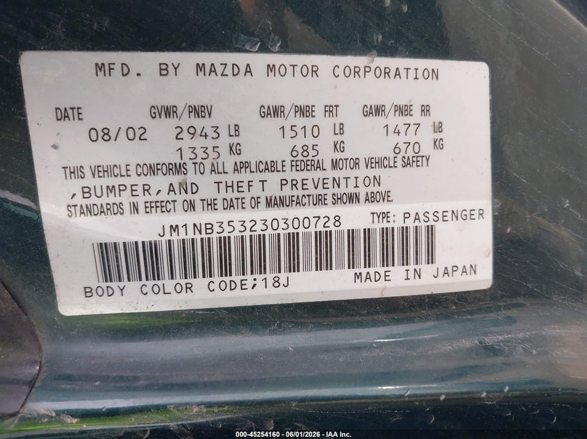 2003 Mazda Mx-5 Miata Cloth/Ls/Se/Shinsen VIN: JM1NB353230300728 Lot: 45254160