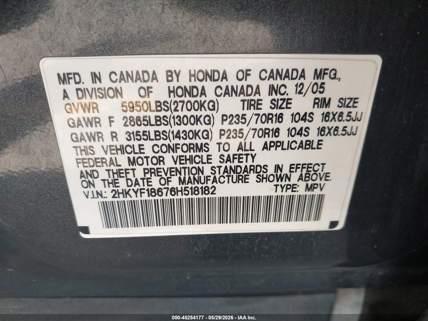 2006 Honda Pilot Ex-L VIN: 2HKYF18676H518182 Lot: 45254177