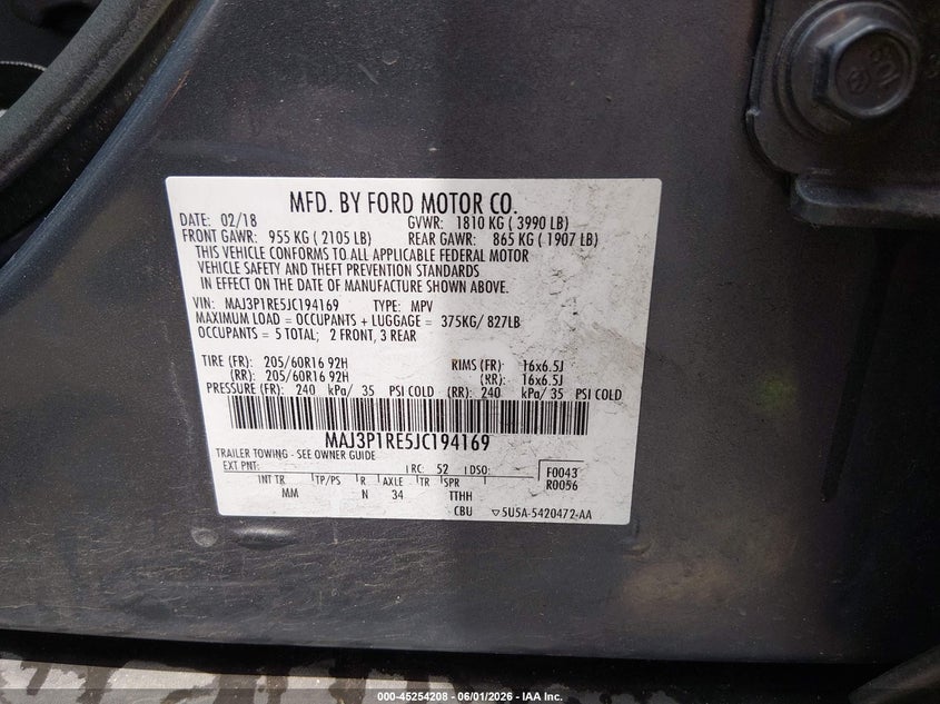 2018 Ford Ecosport S VIN: MAJ3P1RE5JC194169 Lot: 45254208