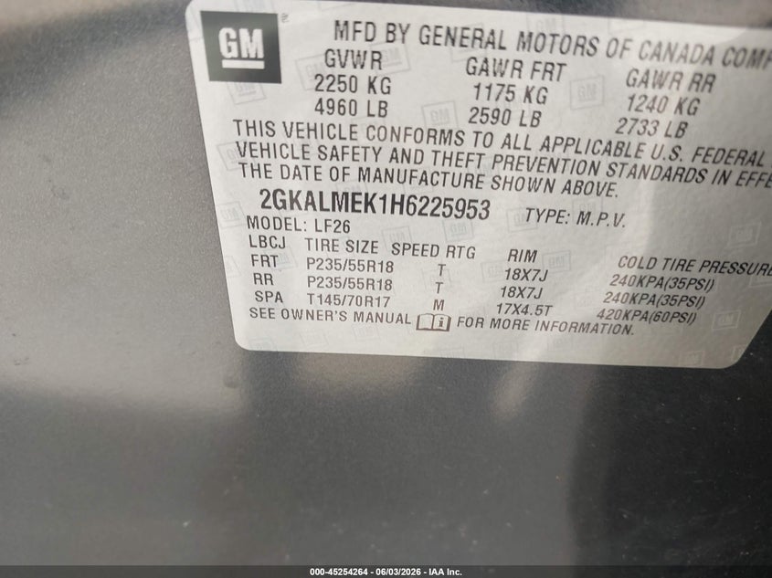 2017 GMC Terrain Sle-1 VIN: 2GKALMEK1H6225953 Lot: 45254264