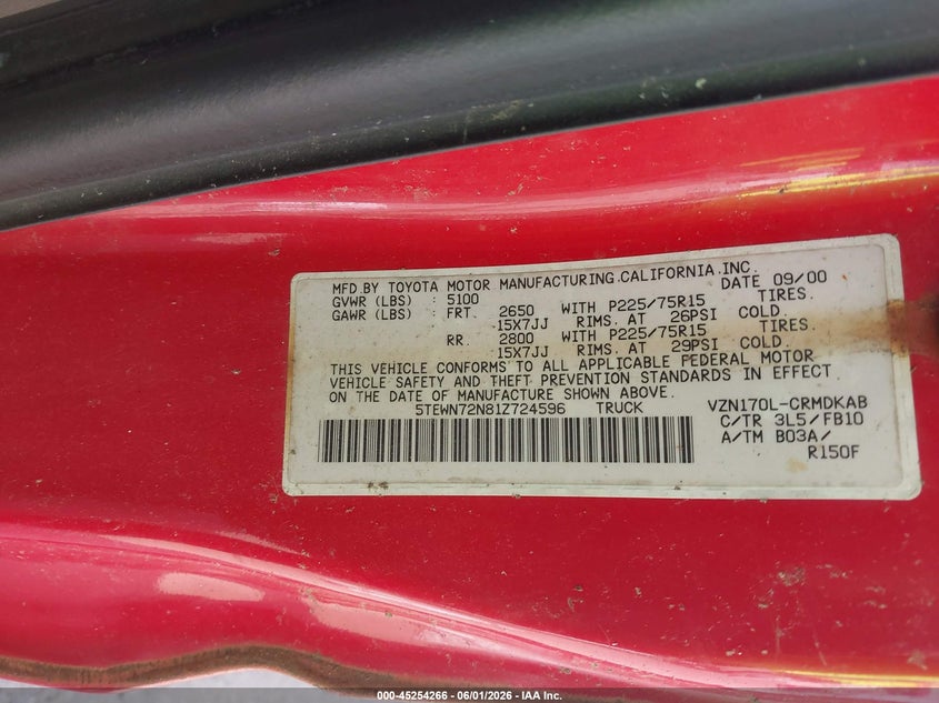 2001 Toyota Tacoma Base V6 VIN: 5TEWN72N81Z724596 Lot: 45254266
