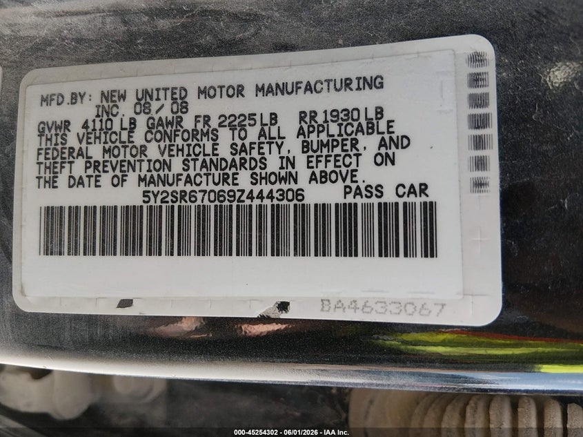 2009 Pontiac Vibe Gt VIN: 5Y2SR67069Z444306 Lot: 45254302