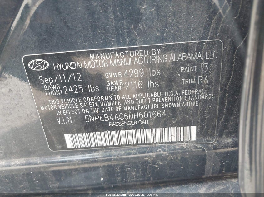 2013 Hyundai Sonata Gls VIN: 5NPEB4AC6DH601664 Lot: 45254308