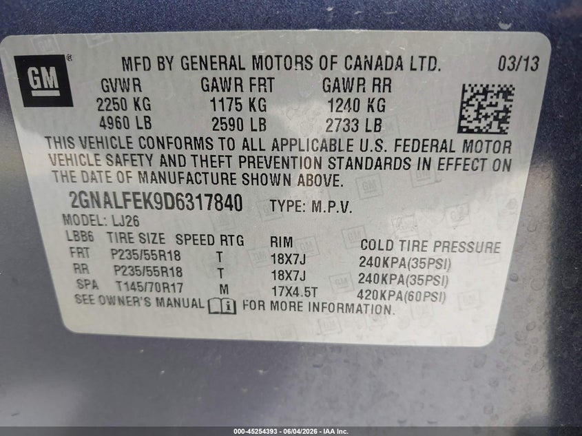 2013 Chevrolet Equinox Ltz VIN: 2GNALFEK9D6317840 Lot: 45254393