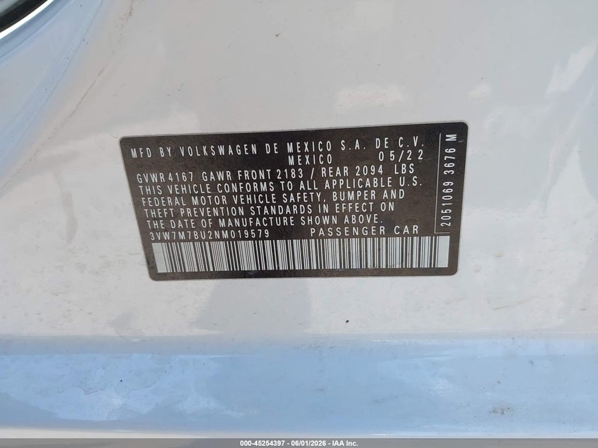 2022 Volkswagen Jetta 1.5T Se VIN: 3VW7M7BU2NM019579 Lot: 45254397