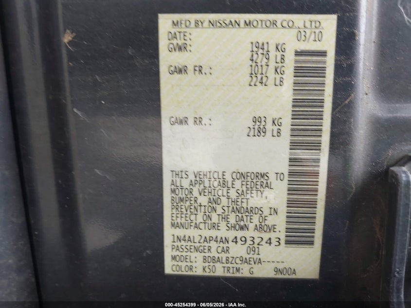 2010 Nissan Altima 2.5 S VIN: 1N4AL2AP4AN493243 Lot: 45254399