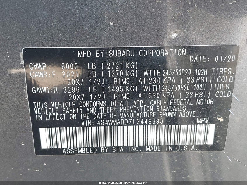 2020 Subaru Ascent Touring VIN: 4S4WMARD7L3449393 Lot: 45254455