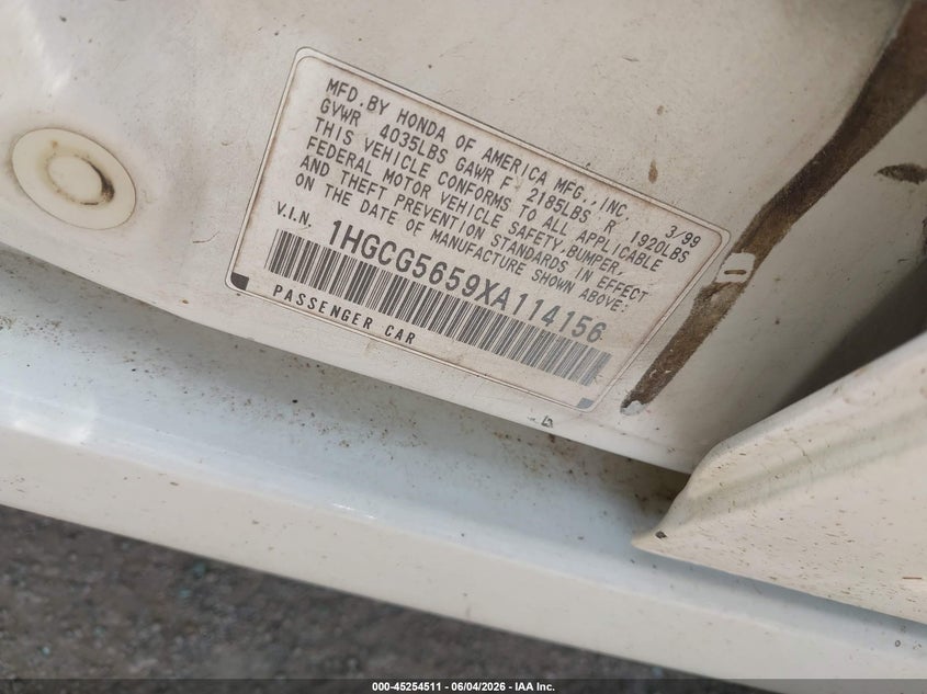 1999 Honda Accord Ex VIN: 1HGCG5659XA114156 Lot: 45254511
