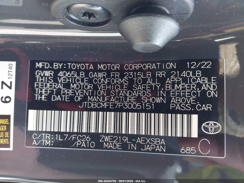 VIN JTDBCMFE7P3005151 2023 TOYOTA COROLLA HYBRID SE INFRARED