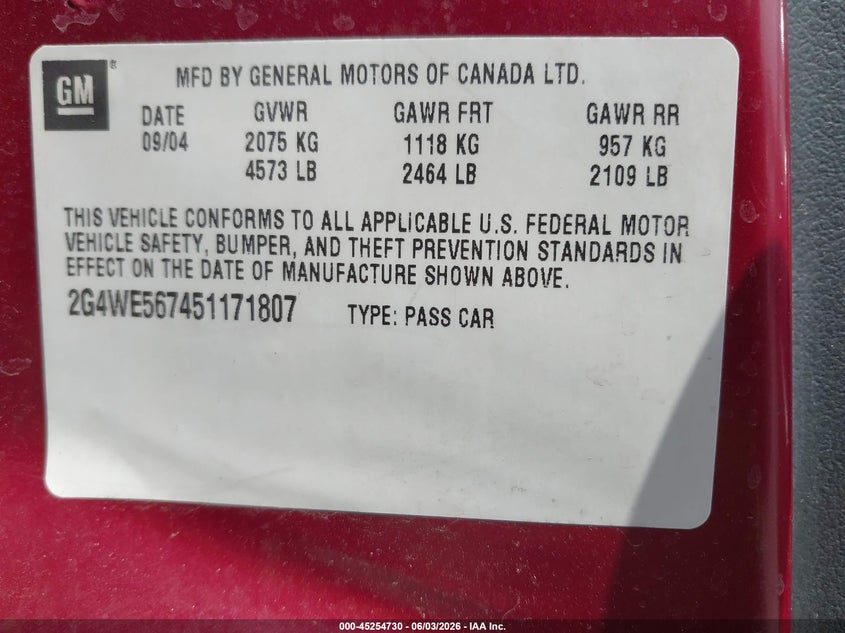 2005 Buick Lacrosse Cxs VIN: 2G4WE567451171807 Lot: 45254730