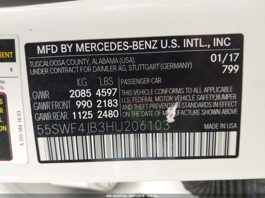 2017 Mercedes-Benz C 300 VIN: 55SWF4JB3HU206103 Lot: 45254738