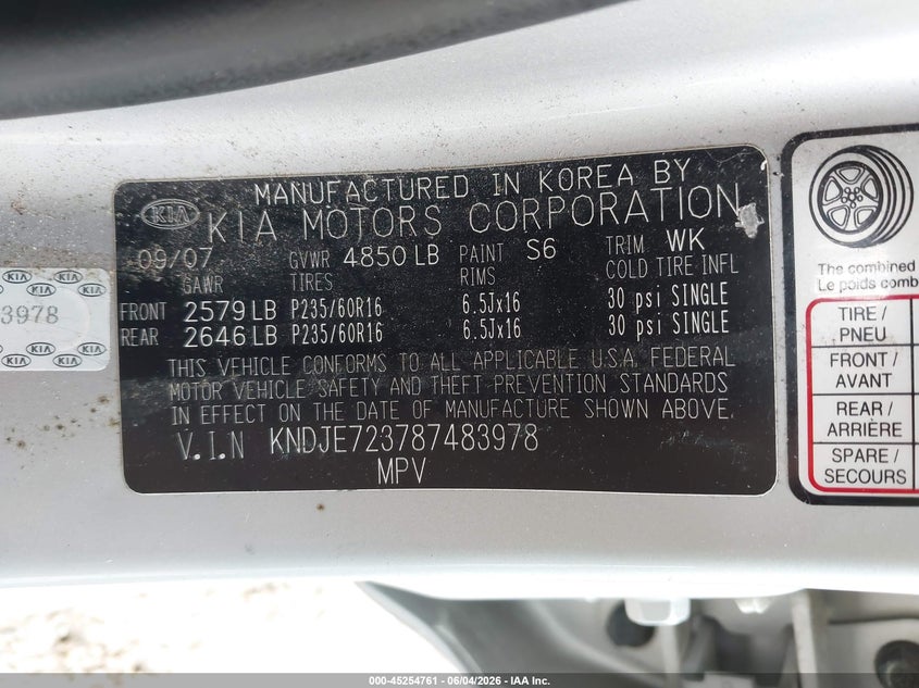2008 Kia Sportage Lx V6 VIN: KNDJE723787483978 Lot: 45254761