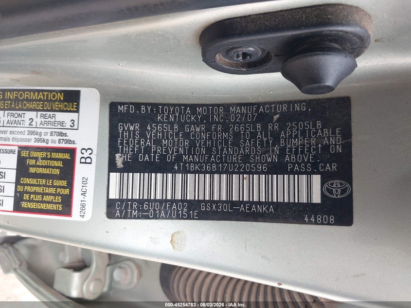 2007 Toyota Avalon Xl VIN: 4T1BK36B17U220596 Lot: 45254783