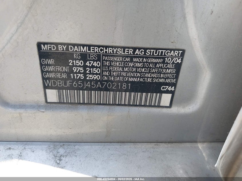 2005 Mercedes-Benz E 320 VIN: WDBUF65J45A702181 Lot: 45254804
