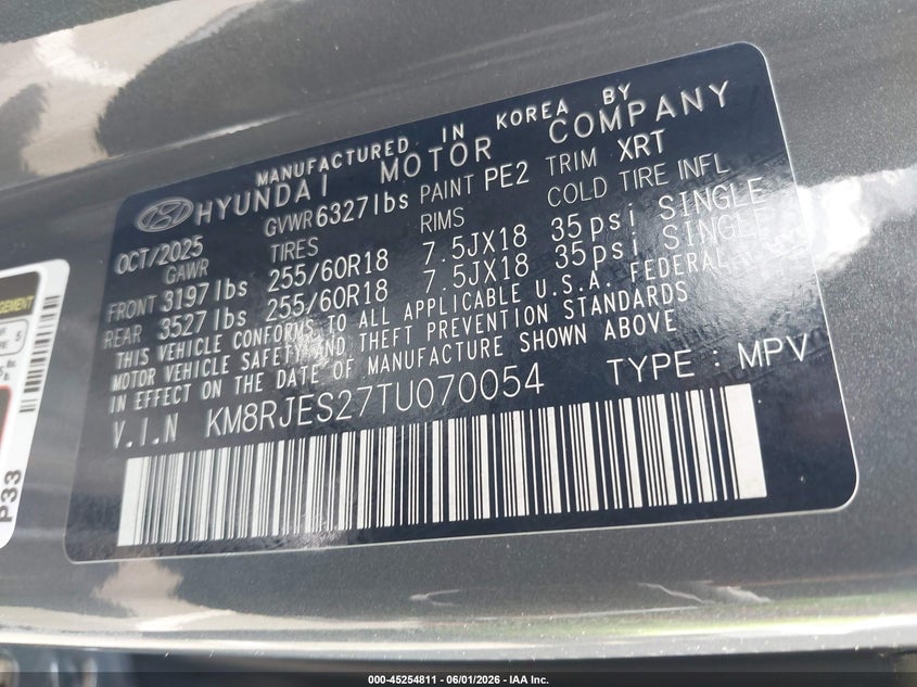 2026 Hyundai Palisade Xrt Pro VIN: KM8RJES27TU070054 Lot: 45254811
