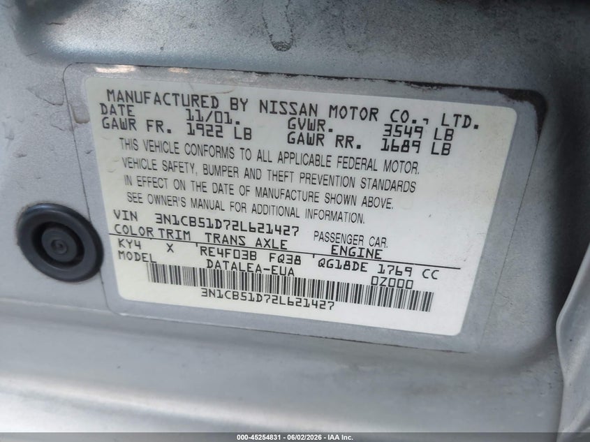 2002 Nissan Sentra Gxe VIN: 3N1CB51D72L621427 Lot: 45254831