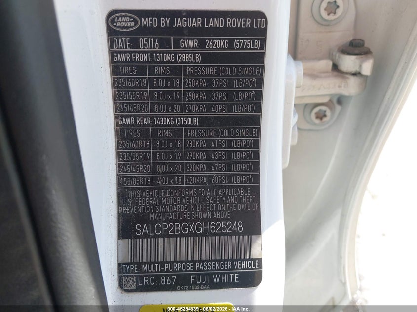 2016 Land Rover Discovery Sport Se VIN: SALCP2BGXGH625248 Lot: 45254839