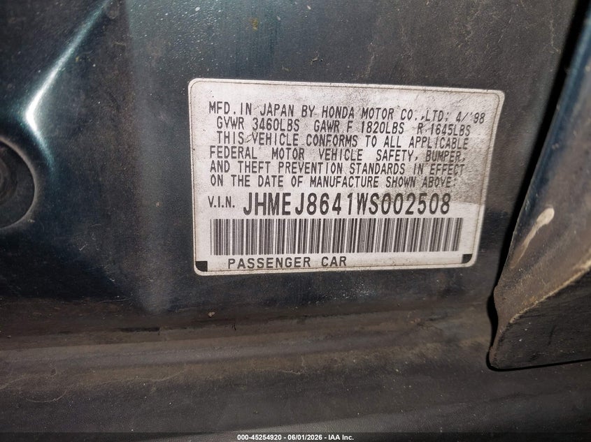1998 Honda Civic Ex VIN: JHMEJ8641WS002508 Lot: 45254920