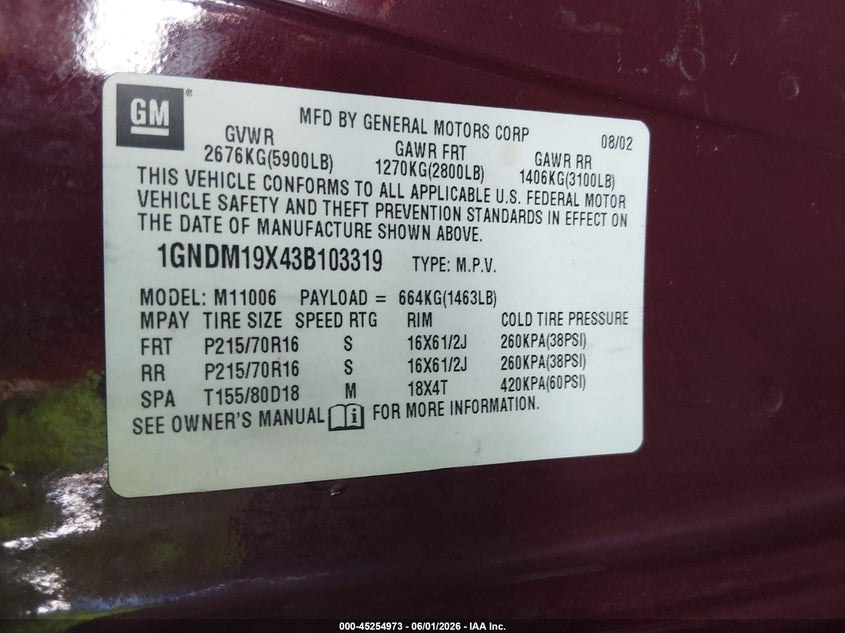 2003 Chevrolet Astro VIN: 1GNDM19X43B103319 Lot: 45254973