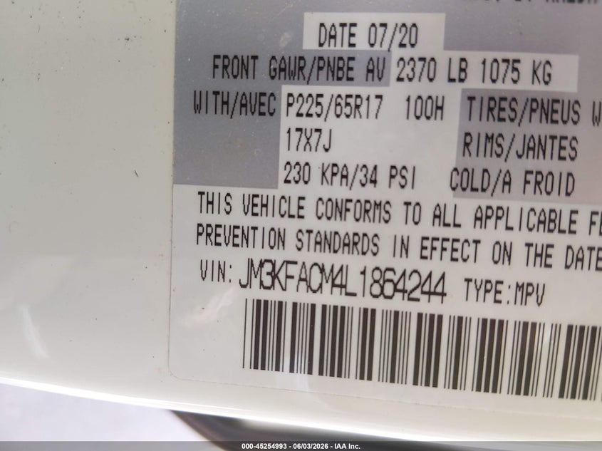 2020 Mazda Cx-5 Touring VIN: JM3KFACM4L1864244 Lot: 45254993