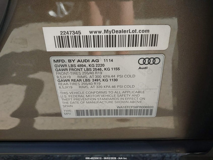 2015 Audi Q3 2.0T Premium Plus VIN: WA1EFCFS8FR006920 Lot: 45255015