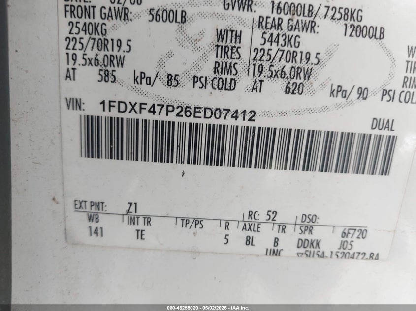2006 Ford F-450 Chassis Xl/Xlt VIN: 1FDXF47P26ED07412 Lot: 45255020
