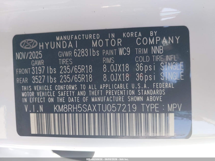 VIN KM8RH5SAXTU057219 2026 HYUNDAI PALISADE HEV BLUE SEL PREMIUM 7P