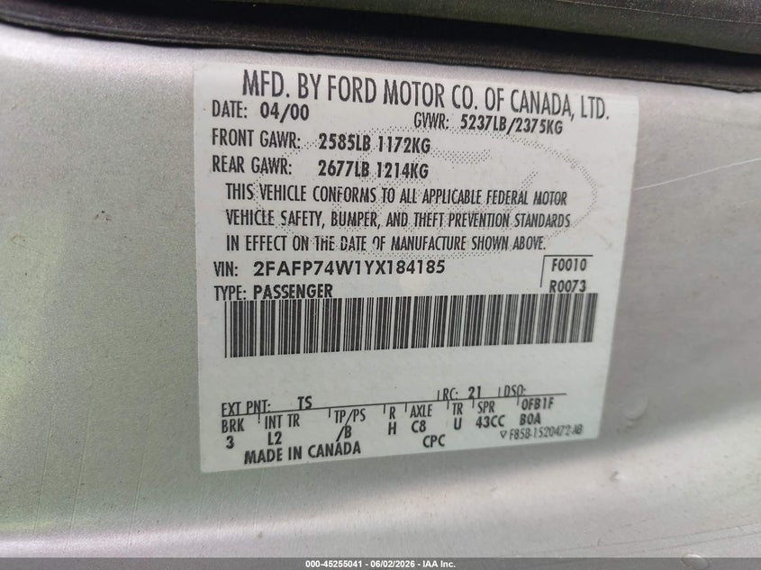 2000 Ford Crown Victoria Lx VIN: 2FAFP74W1YX184185 Lot: 45255041