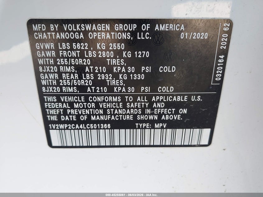 2020 Volkswagen Atlas 2.0T Se W/Technology VIN: 1V2WP2CA4LC501366 Lot: 45255061
