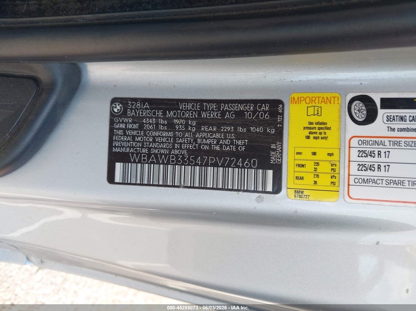 2007 BMW 328I VIN: WBAWB33547PV72460 Lot: 45255073