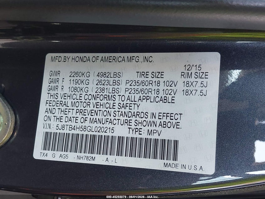 2016 Acura Rdx Technology Acurawatch Plus Packages/Technology Package VIN: 5J8TB4H58GL020215 Lot: 45255079