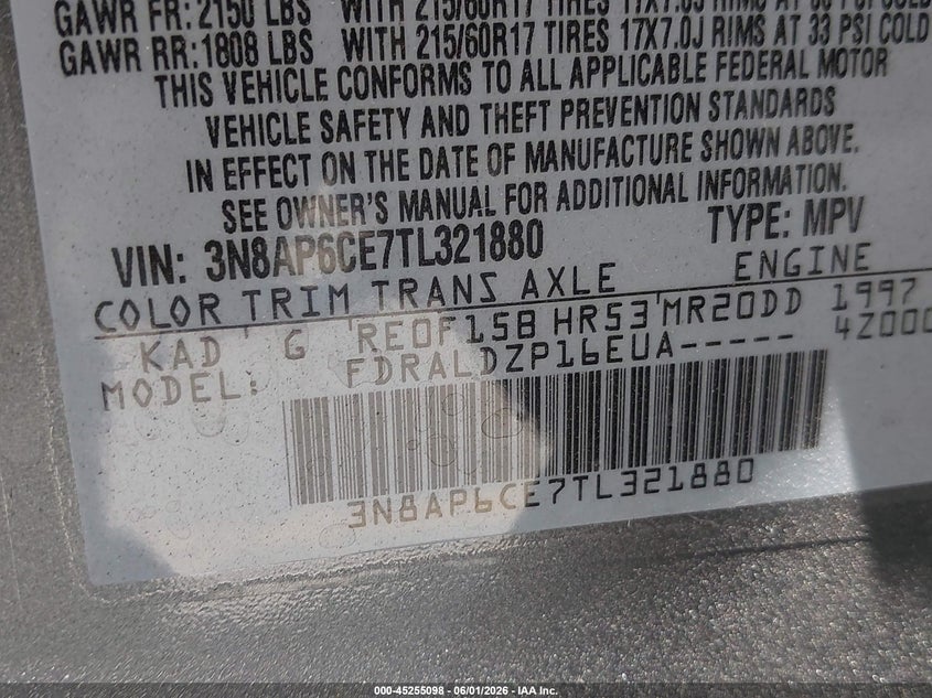2026 Nissan Kicks Sv VIN: 3N8AP6CE7TL321880 Lot: 45255098