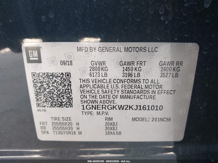 2019 Chevrolet Traverse 1Lt VIN: 1GNERGKW2KJ161010 Lot: 45255106