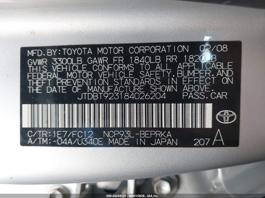 2008 Toyota Yaris VIN: JTDBT923184026204 Lot: 45255121