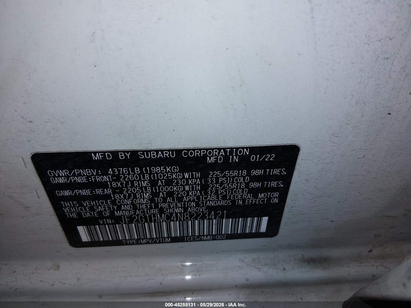 2022 SUBARU CROSSTREK(VIN: JF2GTHMC4N8223421