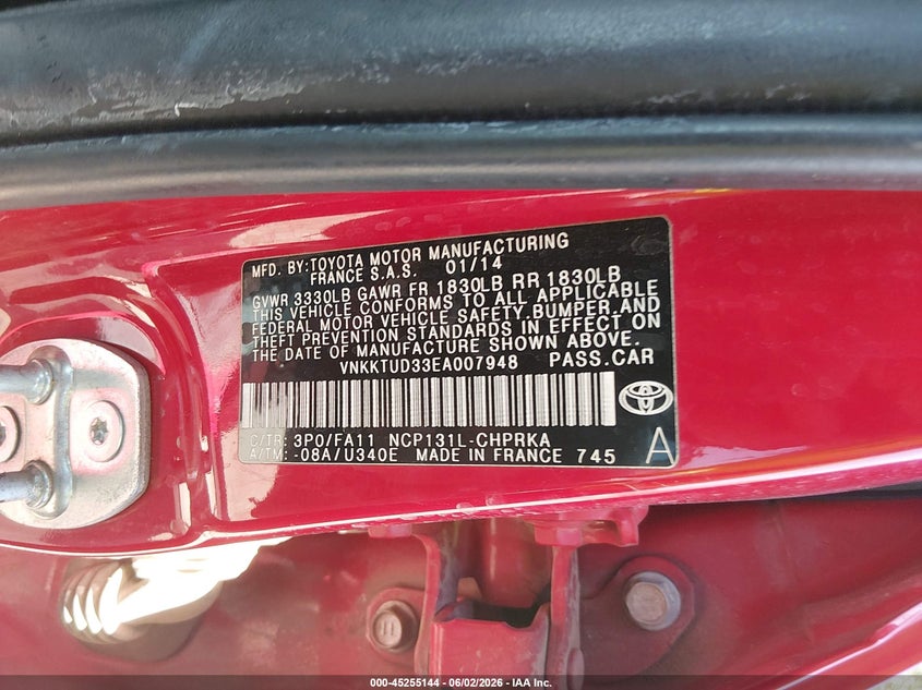 2014 Toyota Yaris Le (Tmmf Plant) VIN: VNKKTUD33EA007948 Lot: 45255144