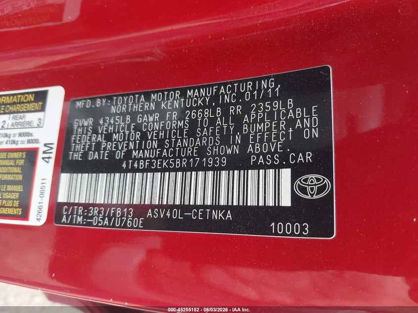 2011 TOYOTA CAMRY SEDAN 2.5L I-4 DOHC, VVT, 169HP