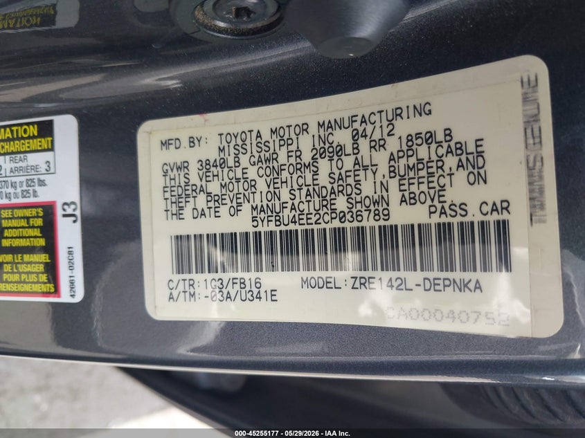 2012 Toyota Corolla 1.8 Le grey Lot 111045255177 Vin 5YFBU4EE2CP036789
