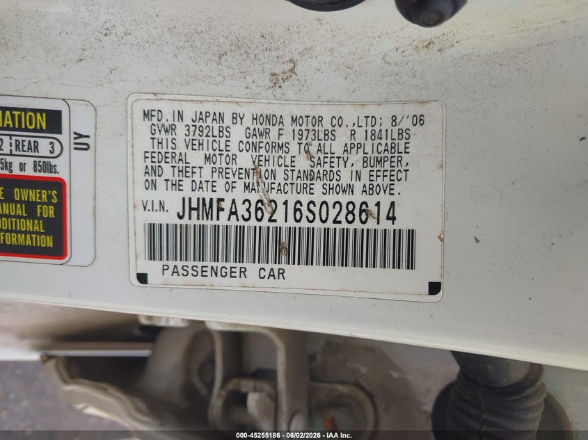 2006 HONDA CIVIC SEDAN 1.3L I-4 VVT, 93HP