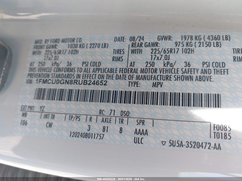 VIN 1FMCU0GN8RUB24652 2024 FORD ESCAPE ACTIVE