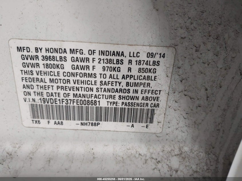 2015 Acura Ilx 2.0L VIN: 19VDE1F37FE008681 Lot: 45255255